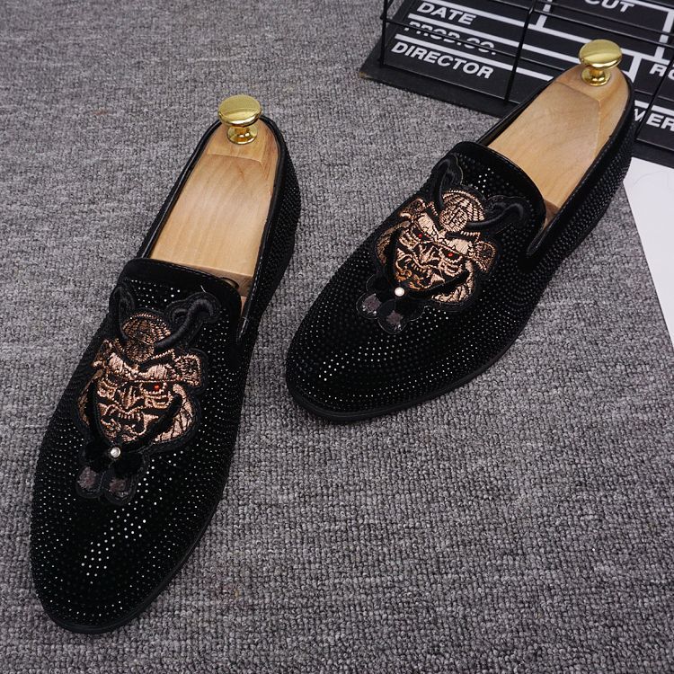 Rhinestone Gold Embroidered Loafers