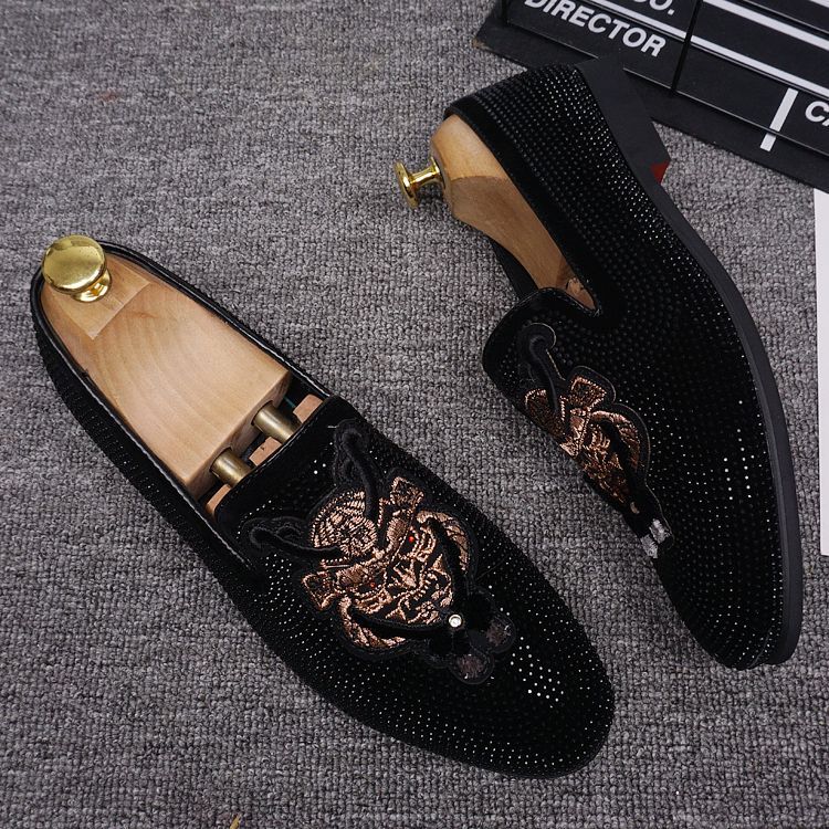 Rhinestone Gold Embroidered Loafers